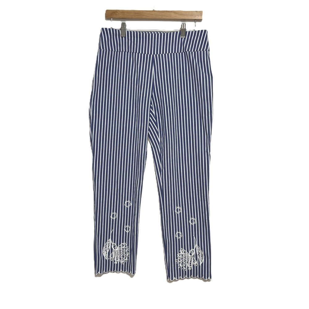 ATTYRE Cropped Pants Blue White Stripe Scalloped Embroidered Coastal Preppy 8